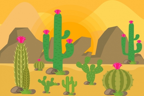 468x312 Desert Landscape Drawing Cactus Rock Icons Colored Cartoon Vectors - Desert Drawing Pictures