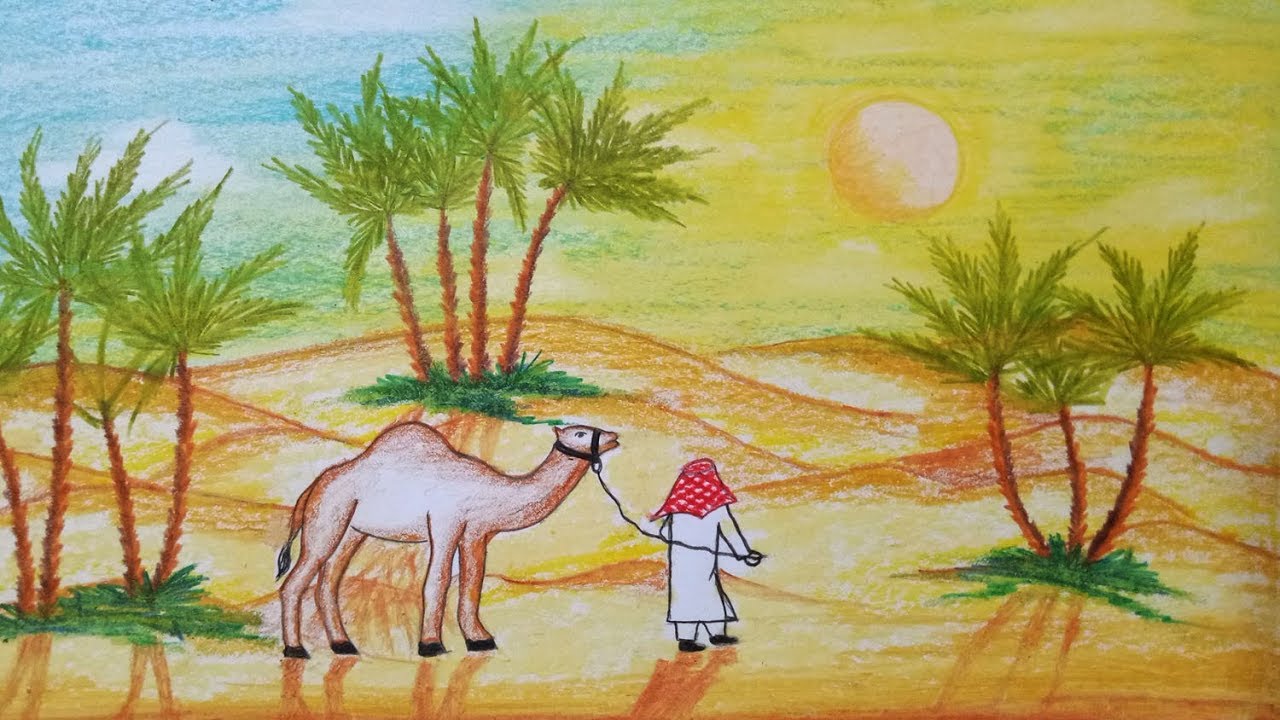 1280x720 How To Draw Scenery Of Desert With Camel Step - Desert Drawing Pictures