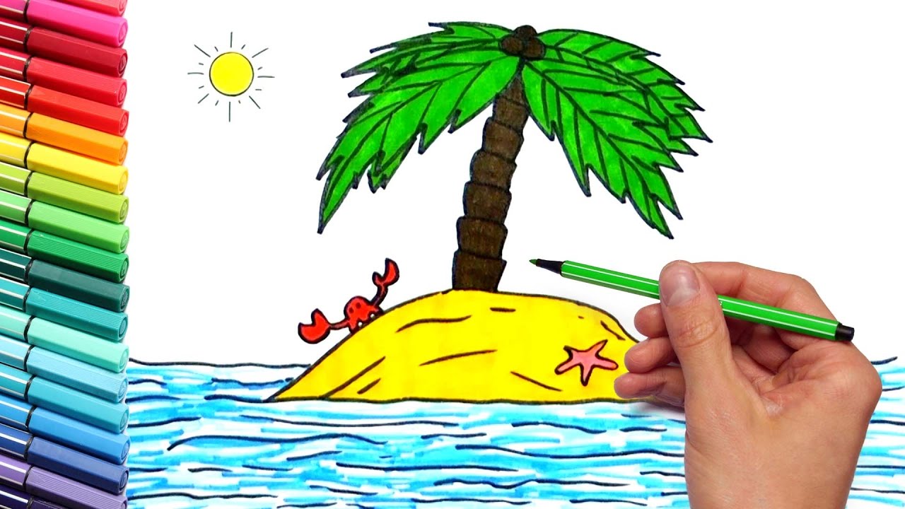 1280x720 drawing tropical desert island with crab and sun sticker coloring - Desert Island Drawing