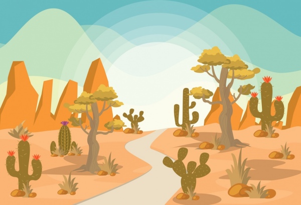 600x408 Desert Landscape Drawing Colored Cartoon Design Cactus Icons Free - Desert Landscape Drawing