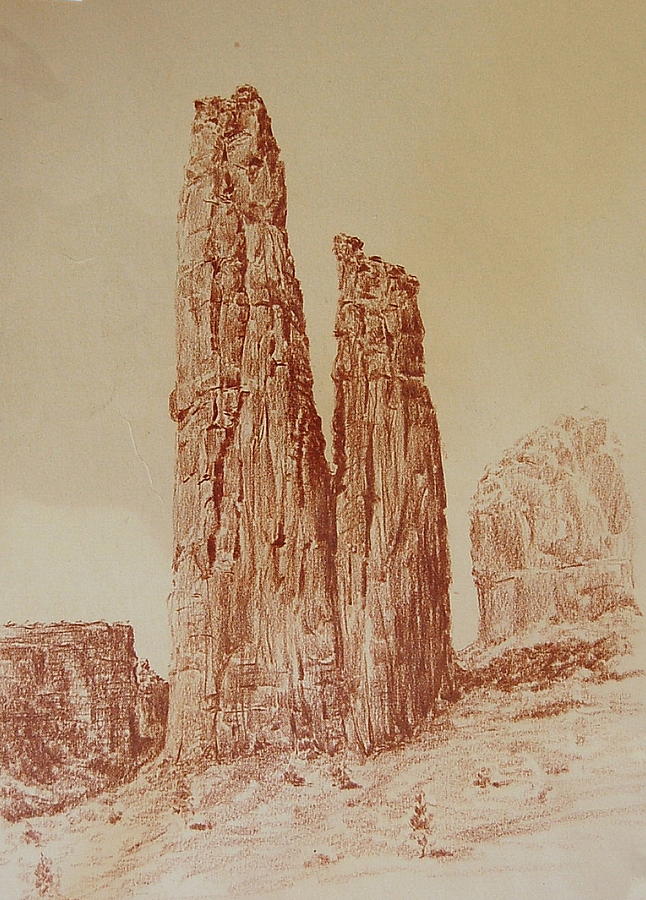 646x900 Two Pinnacles In Desert Landscape Drawing - Desert Landscape Drawing