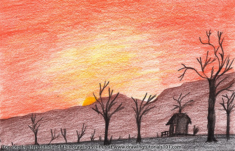 800x515 Sunset In Desert Colored Pencils - Desert Scene Drawing
