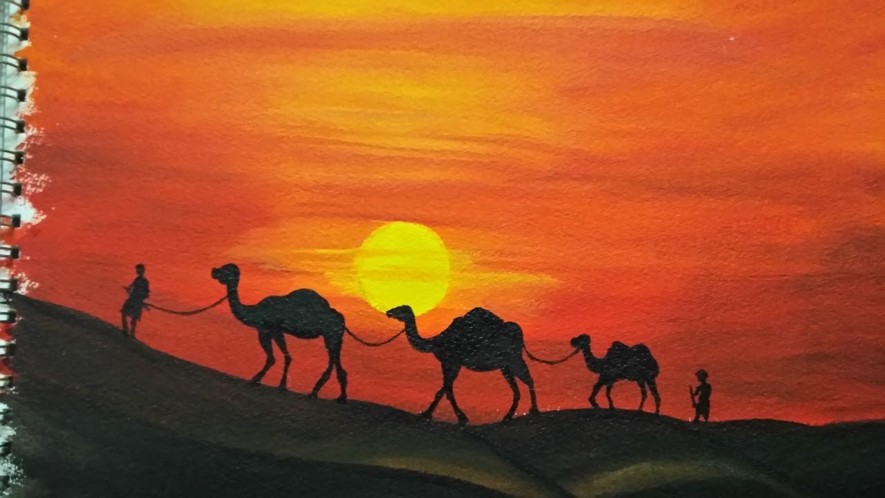 1280x720 Desert Painting With Camels Easy Landscape Painting - Desert Scene Drawing