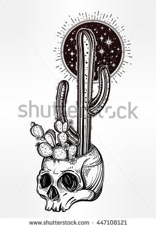 321x470 Hand Drawn Romantic Beautiful Drawing Of Skull With Cactus Desert - Desert Skull Drawing