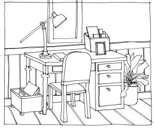 300x250 Line Drawing Desk And Chair Perspective Drawing Book Drawing - Desk Drawing