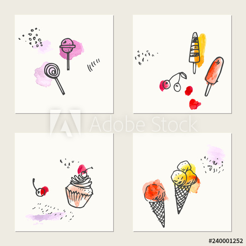 500x500 Set Of Hand Drawn Ink And Watercolor Cards With Sweet Dessert - Dessert Drawings