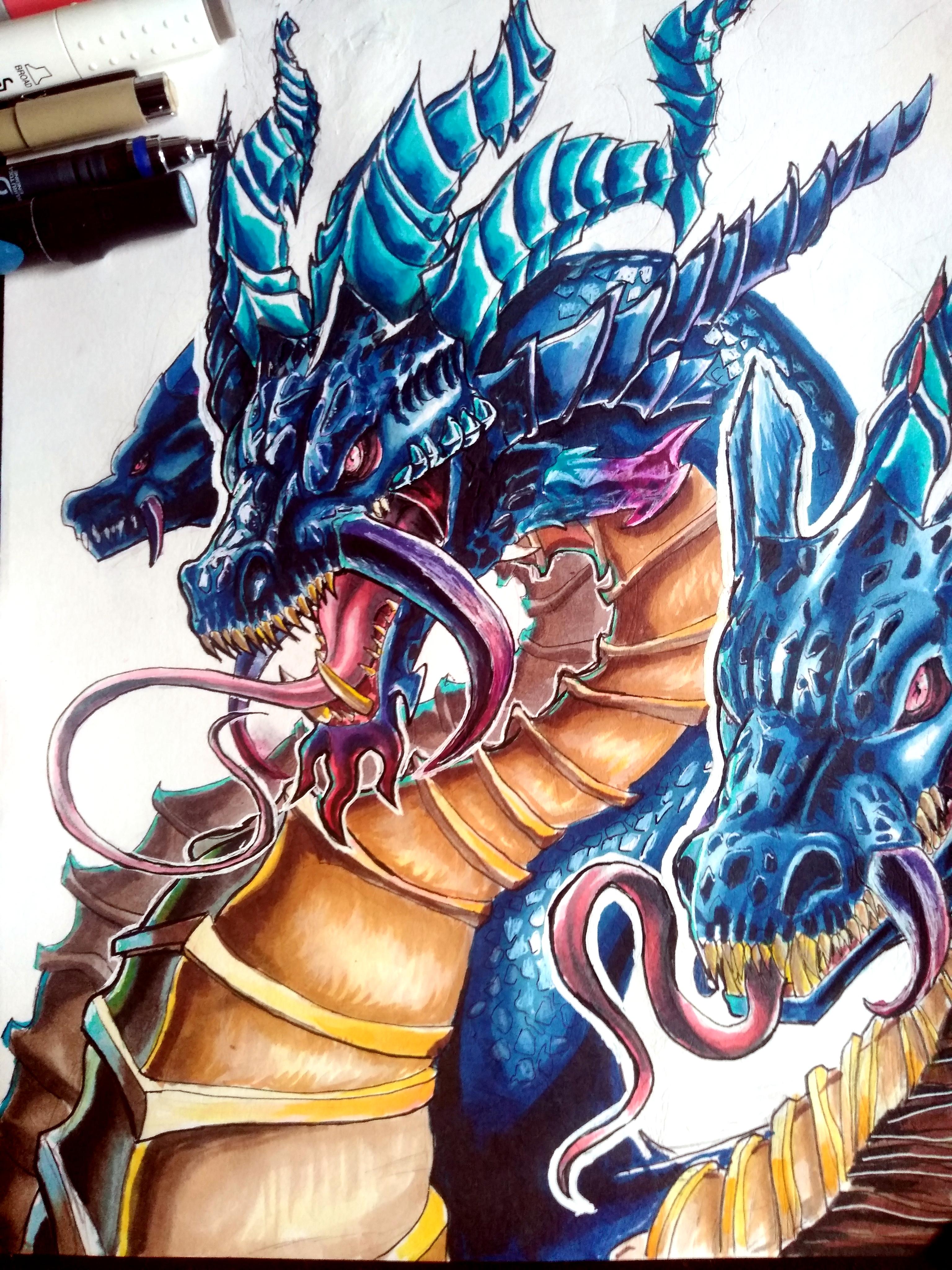 3072x4096 a detailed drawing of a three headed dragon drawing - Detailed Dragon Drawing