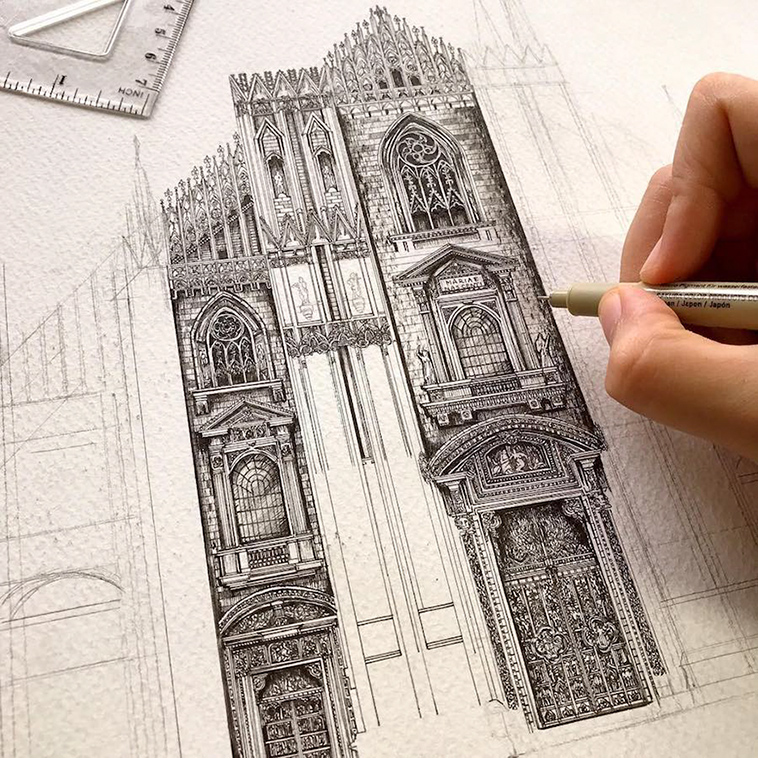 758x758 Japanese Artist Creates Impressive Drawings Of Famous Buildings - Detailed Drawings