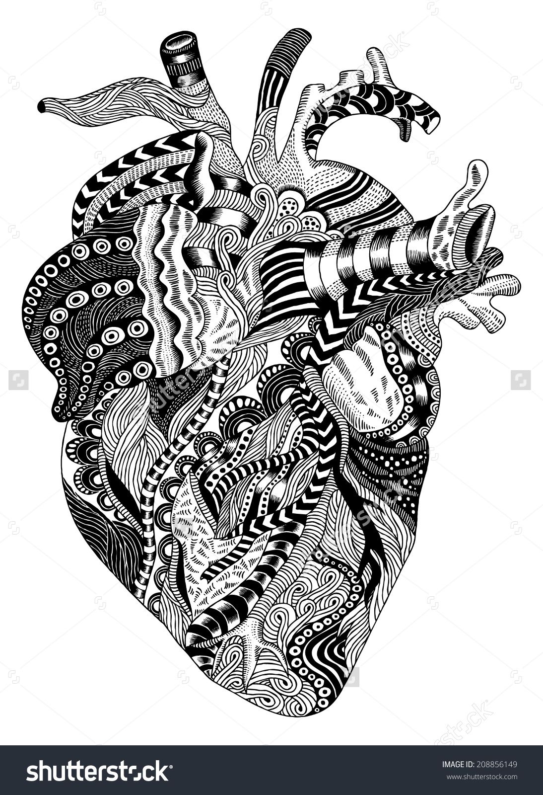1094x1600 Detailed Hand Drawn Psychedelic Illustration Of Human Heart - Detailed Heart Drawing
