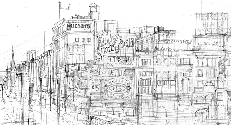 800x432 Pencil Drawing City Illustration - Detroit Drawing
