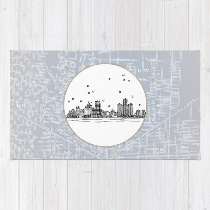 700x700 detroit, michigan city skyline illustration drawing rug - Detroit Skyline Drawing