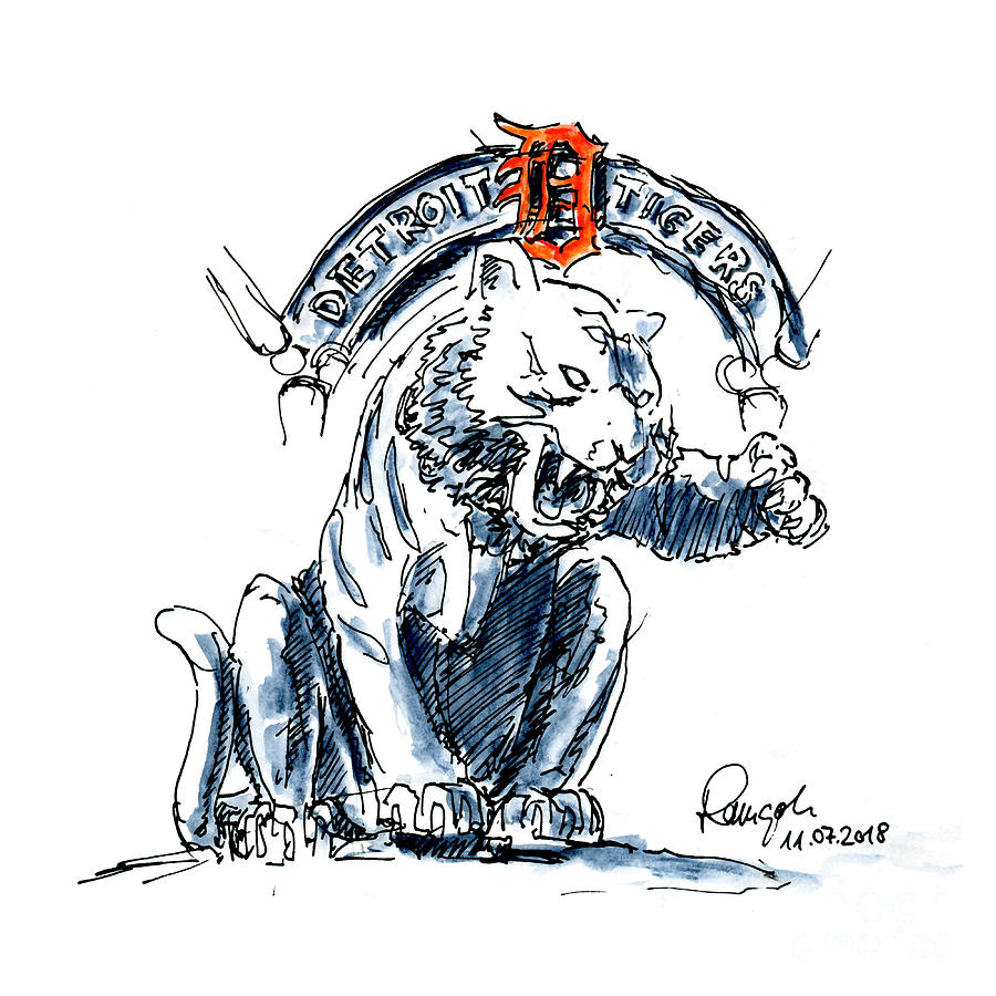 900x900 detroit tigers stadium entrance ink drawing and watercolor - Detroit Tigers Drawing