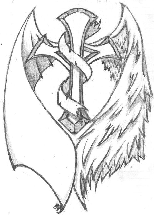 600x838 Angel, Demon Wings Tattoo - Devil And Angel Drawing