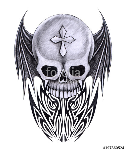 417x500 Art Wings Devil Skull Tattoo Hand Pencil Drawing On Paper Stock - Devil Skull Drawing