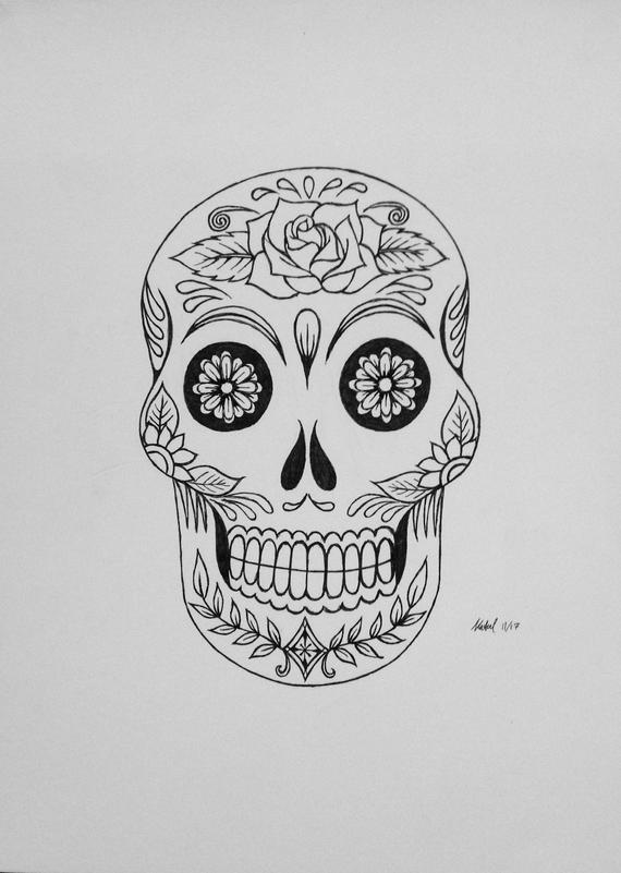 570x801 Dia De Los Muertos Skull Ink On Bristol Paper Made To Order Etsy - Dia De Los Muertos Drawings