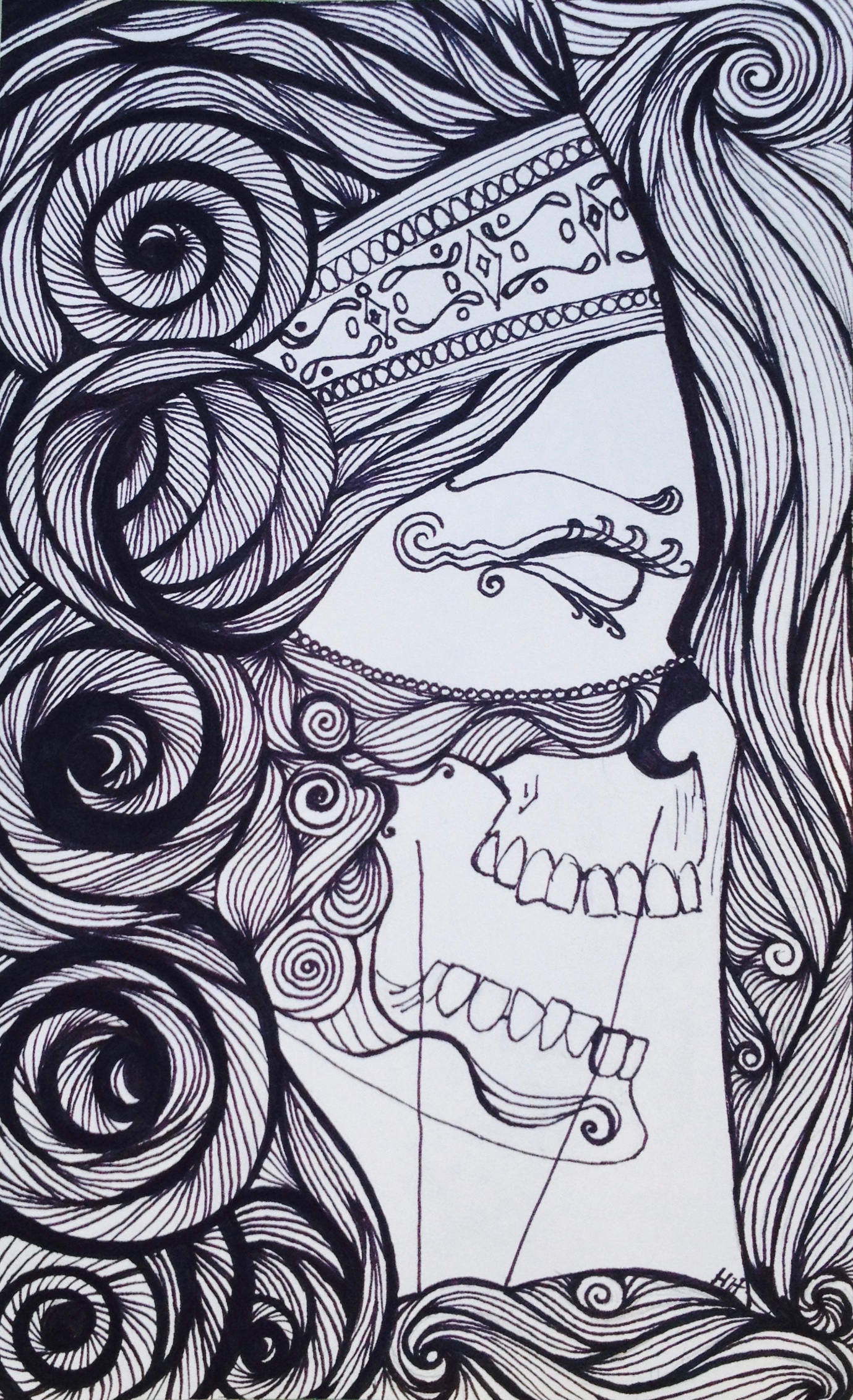 1379x2263 Original Drawing Dia De Los Muertos Skull Woman Etsy - Dia De Los Muertos Drawings