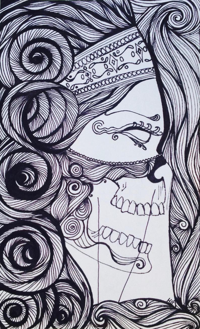 794x1303 Original Drawing Dia De Los Muertos Skull Woman Etsy - Dia De Los Muertos Skull Drawing