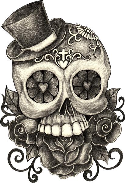 411x600 Pencil Sketch Floral Dia De Los Muertos Skull With Hat - Dia De Los Muertos Skull Drawing