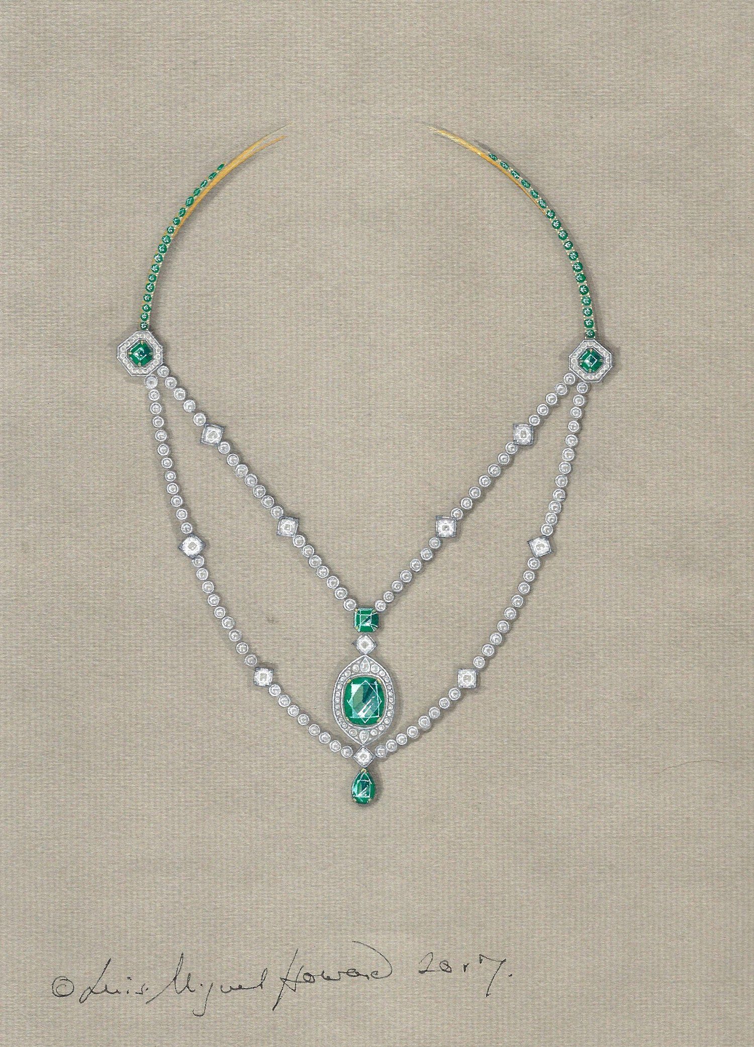1500x2083 gouache drawing for a magnificent emerald and diamond necklace - Diamond Necklace Drawing