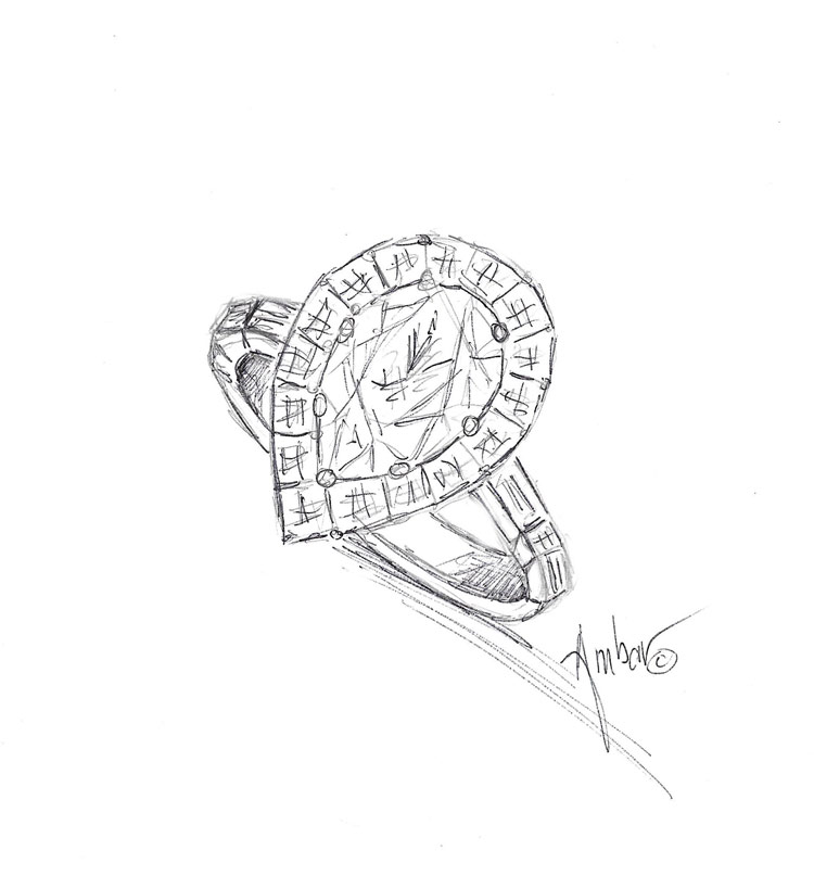 750x807 pear shaped engagement ring hand drawing - Diamond Ring Drawing