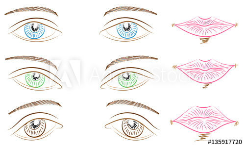 500x300 hand drawings of different types of eyes and lips blue, green - Different Types Of Eyes Drawing
