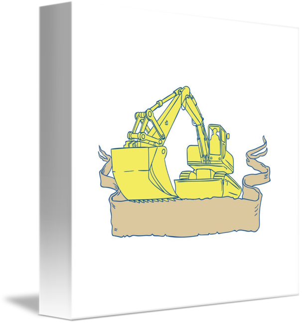 606x650 Mechanical Digger Excavator Ribbon Scroll Drawing - Digger Drawing