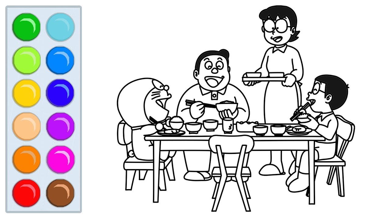 1280x720 Nobita's Family Had Dinner Draw And Color Doraemon - Dinner Drawing