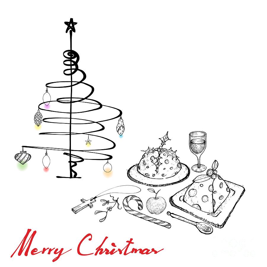 900x900 Christmas Dinner With Pudding, Wine And Dessert Drawing - Dinner Drawing