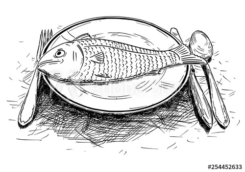 500x352 Cartoon Drawing Illustration Of Fish Food On Dinner Plate - Dinner Plate Drawing