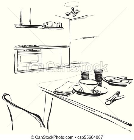 450x470 Kitchen Interior Drawing, Vector Illustration Dinner Table - Dinner Table Drawing