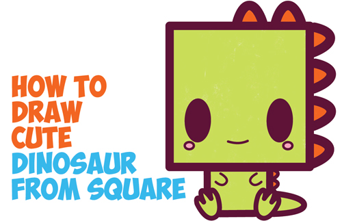 500x323 How To Draw Cute Kawaii Cartoon Baby Dinosaur From Squares - Dinosaur Drawing Cartoon