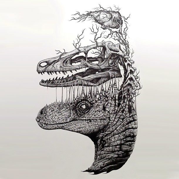 610x610 Surreal Dinosaur Head Tattoo Design Body Art Creative Tattoos - Dinosaur Head Drawing