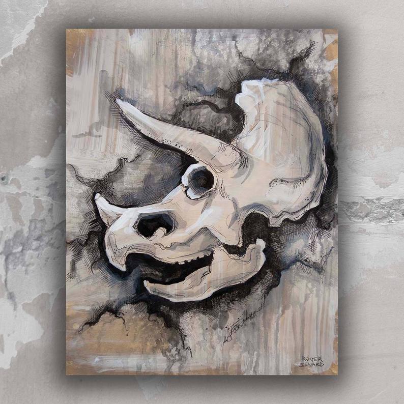 794x794 Triceratops Skull Drawing Original Ink Art On Paper X Etsy - Dinosaur Skull Drawing