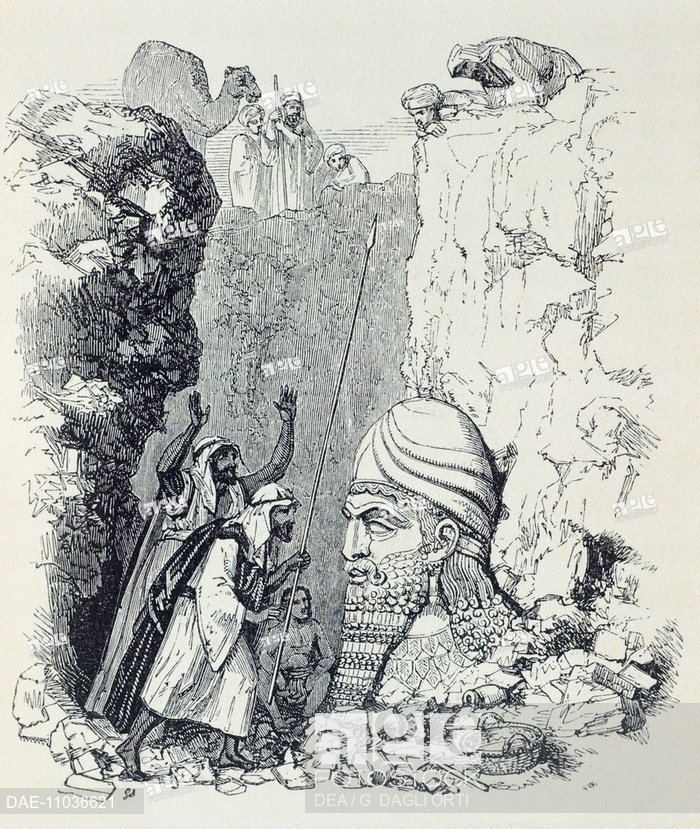 700x829 the discovery of the giant head in nimrud palace, iraq, drawing - Discovery Drawing