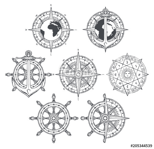 500x482 vector set of nautical emblems wind rose, ship anchor and helm - Discovery Drawing