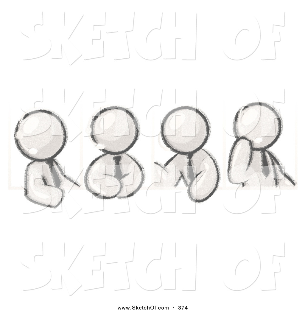 1024x1044 drawing of four sketched design mascot men wearing headsets - Discussion Drawing
