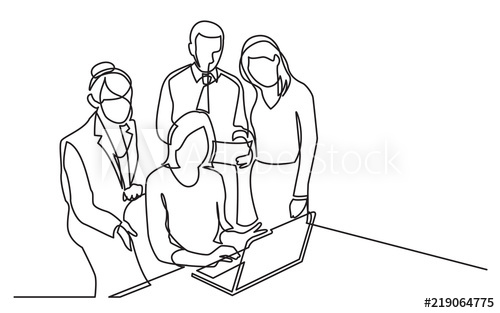 500x313 continuous line drawing of office workers discussion with laptop - Discussion Drawing