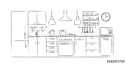 500x254 Kitchen Interior Sketches Hand Drawing Front View Contour Vector - Dishwasher Drawing