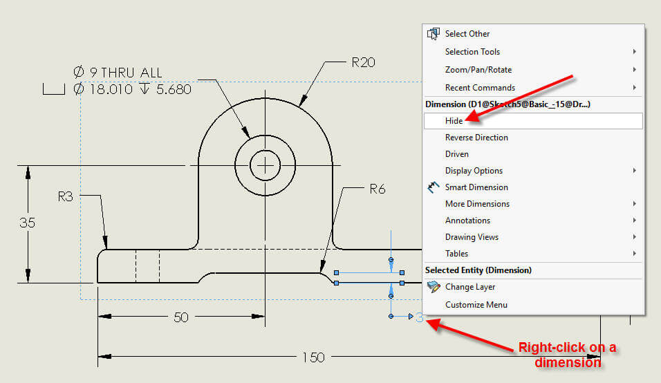 956x554 How To Hideshow Dimensions In A Solidworks Drawing - Display Drawing