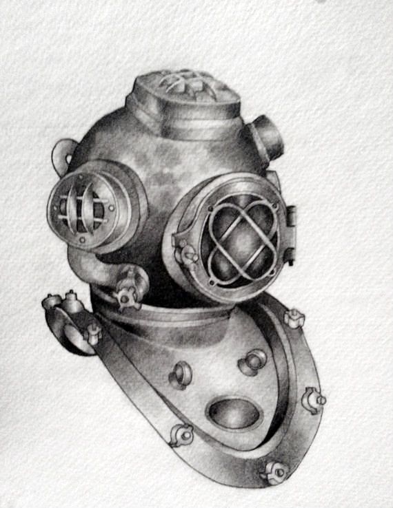 570x738 Vintage Drawing Diver For Free Download - Diving Helmet Drawing