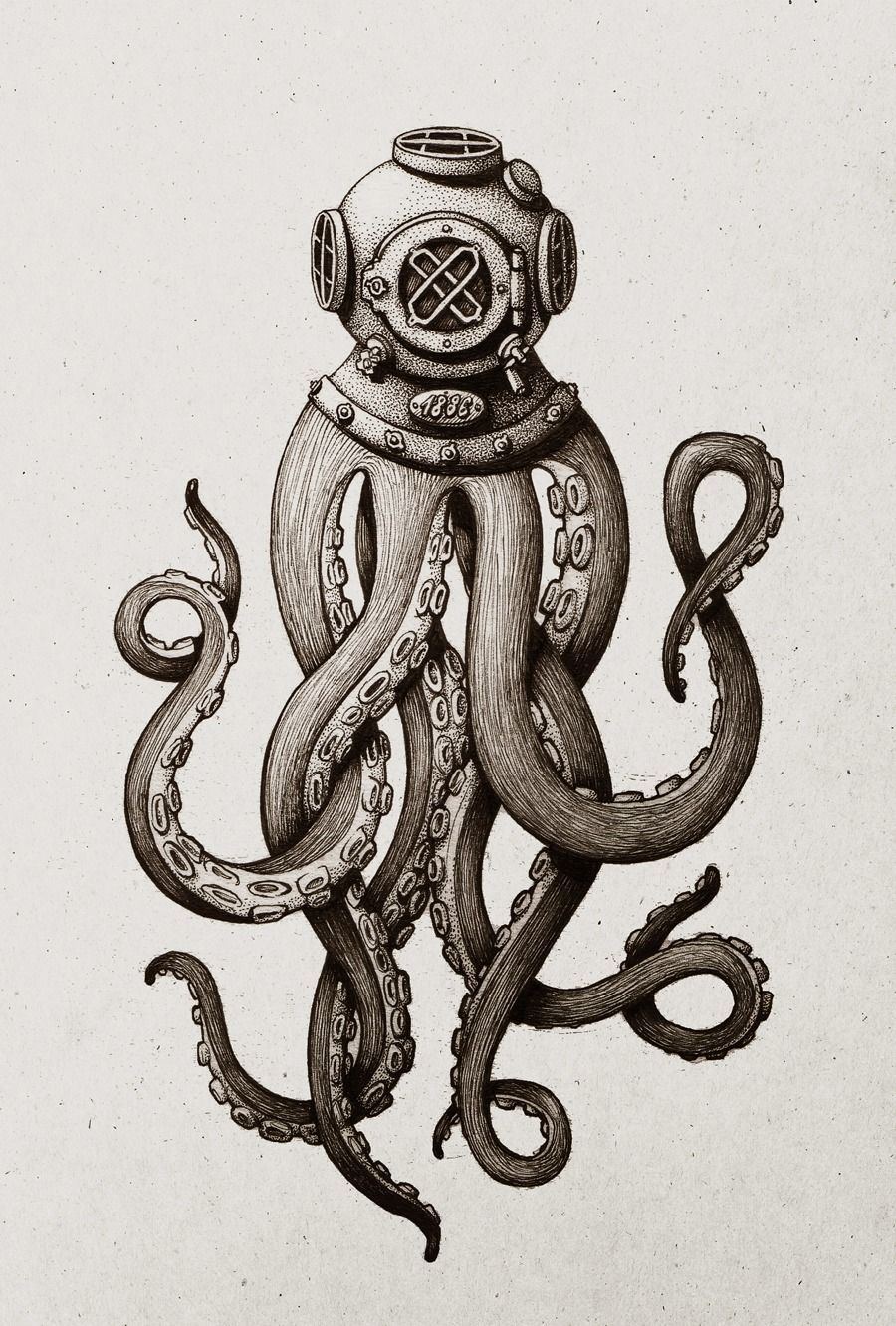 900x1332 ink drawing of an octopus an antique diving helmet artistic - Diving Helmet Drawing