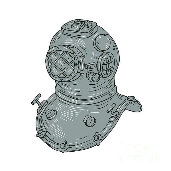 600x600 old school diving helmet drawing shower curtain for sale - Diving Helmet Drawing