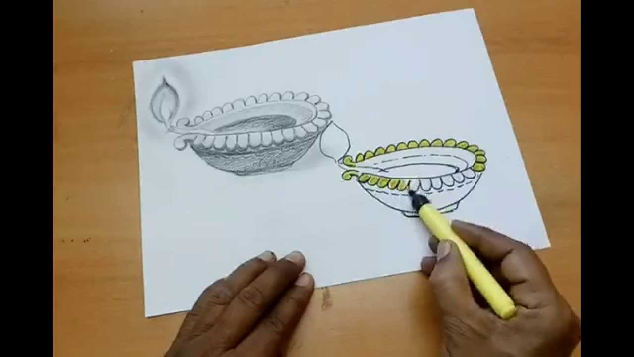 1280x720 Beautiful Diya Drawing - Diwali Diya Drawing