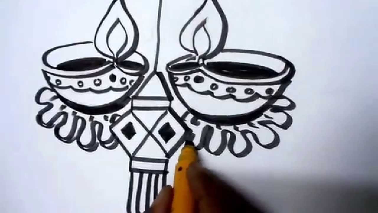 1280x720 how to draw lanterns and diyaas for diwali - Diwali Lamp Drawing