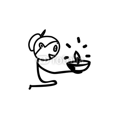 400x400 Hand Drawn Cute Simple Girl With Burning Diya, A Traditional - Diya Drawing