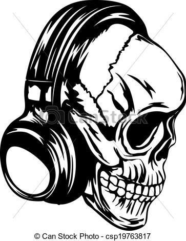 363x470 Skull With Headphones Art Vector Illustration Human Skull - Dj Headphones Drawing