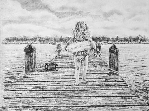 570x427 Original Drawing Artwork Girl On Dock Nautical Art Swimming Etsy - Dock Drawing