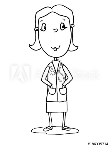 375x500 Cute Female Doctor Coloring Illustration Cartoon Drawing And White - Doctor Cartoon Drawing