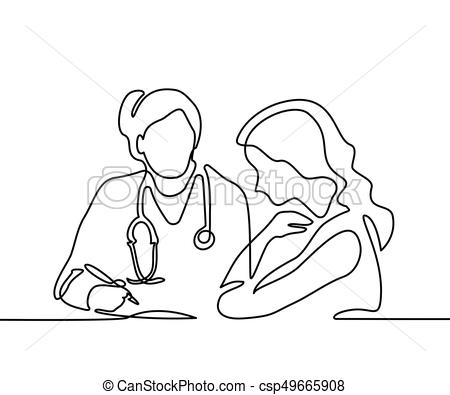450x395 Doctor With Stethoscope Treat Patient Woman Continuous Line - Doctor Drawing