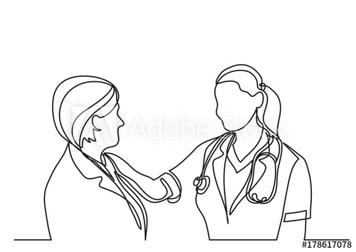 500x354 continuous line drawing of doctor and woman patient talking - Doctor Drawing Images